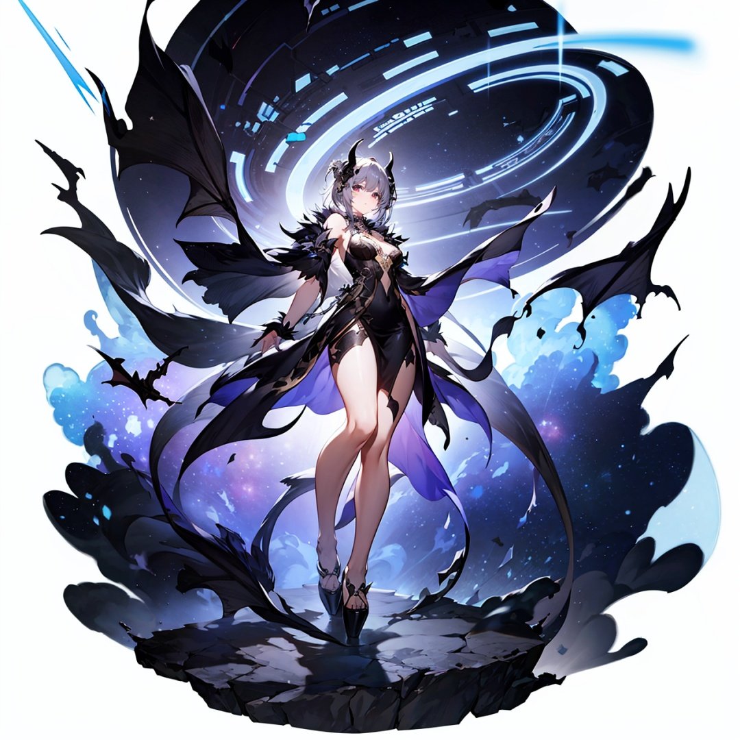 (masterpiece, best quality,top quality),[(white background:1.5)::5],(wide shot:0.95),(full body),Dynamic angle,solo,1girl,looking at viewer,(dragon_horns:1.1),demon_wings,silver hair,legs_together,(black long dress:1.2),black magic,purple theme,(universe in background:1.2),star_(sky),hyper_galaxy,depth_of_field,planet in background,particle effects,