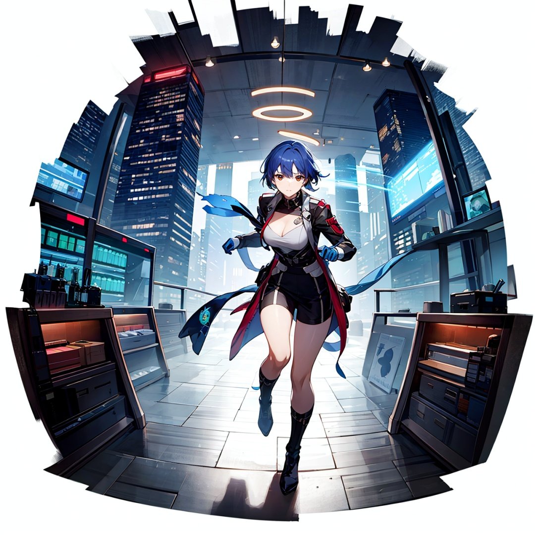 (masterpiece, best quality,top quality:1.1),[(white background:1.5)::5],(wide shot:0.95),(full body),Dynamic angle,solo,1girl,(blue hair),mechanical_halo,(short hair),brown eyes,holding gun,running,(fighting:1.1),looking at viewer,(city in background:1.1),cyberpunk,particle effects,