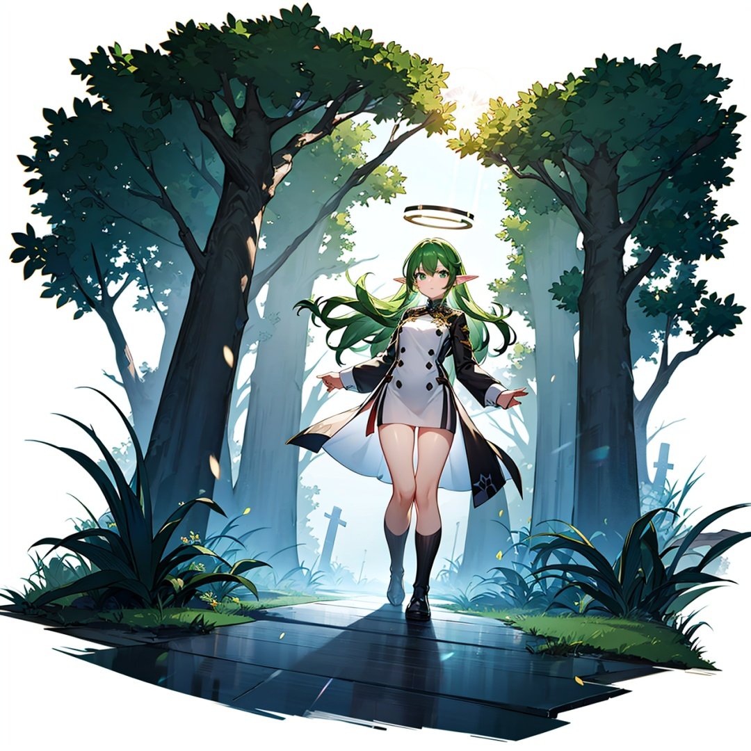 (masterpiece, best quality,top quality),[(white background:1.5)::5],(wide shot),(full body),Dynamic angle,(big background),(small character),solo,1girl,green hair,wavy hair,long hair,elf ears,lens flare,long_dress,halo,adapted_uniform,cross,looking at viewer,depth_of_field,particle effects,in winter,nature,grove,Tindal effect,particle effects,