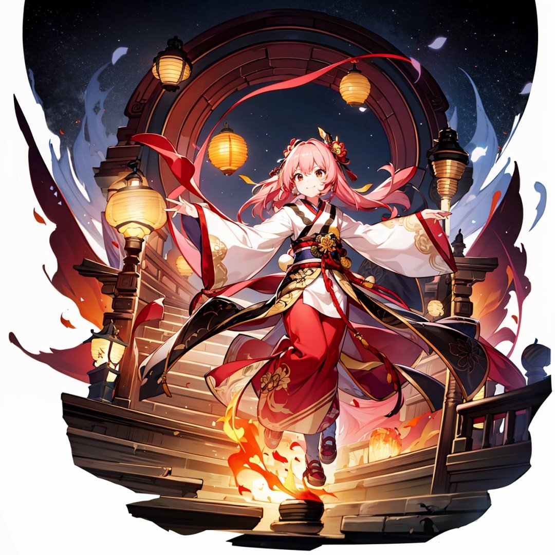 (masterpiece, best quality,top quality),[(white background:1.5)::5],(wide shot:0.95),(full body),Dynamic angle,solo,1girl,pink long hair,brown eyes,long sleeves,holding fire ball,chasing,looking at viewer,wide sleeves,hair ornament,hagoromo,smile,hair rings,shoes,sleeves past wrists,(lanterns around:1.2),(fire magic fly),ribbon,ancient chinese in background,night background,depth_of_field,particle effects,