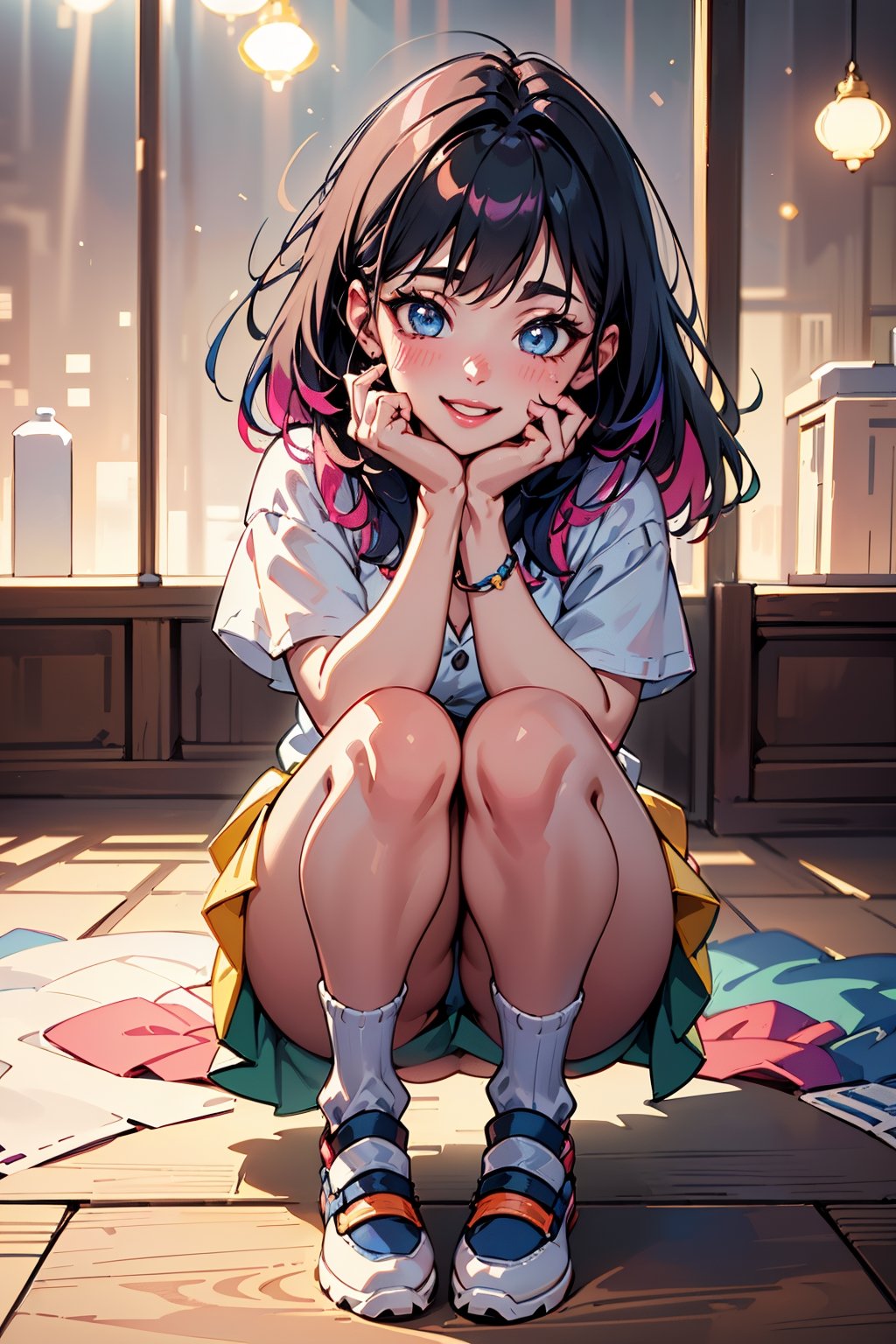 (best quality,4k,8k,highres,masterpiece:1.2),ultra-detailed,(realistic,photorealistic,photo-realistic:1.37),Cute girl,smiling,blushing,short outfit,rainbow color hair,beautiful detailed eyes,beautiful detailed lips,extremely detailed eyes and face,long eyelashes,happy expression,sparkling eyes,perfectly arched eyebrows,vibrant rainbow colors flowing through the hair,soft and silky hair texture,cheeks tinted with a gentle blush,flushed rosy cheeks,sunlight gently illuminating the girl's face, vibrant and vivid colors, youthful and vibrant energy surrounding the girl,bokeh lights,playful and joyful atmosphere, radiant smile that brightens up the scene,delicate and charming facial features,energetic and confident pose,dainty fingers and feminine hands,dainty and cute outfit with a short skirt,comfortable and stylish footwear,magic-like rainbow aura surrounding the girl,playful and cheerful personality,positive and optimistic vibes.