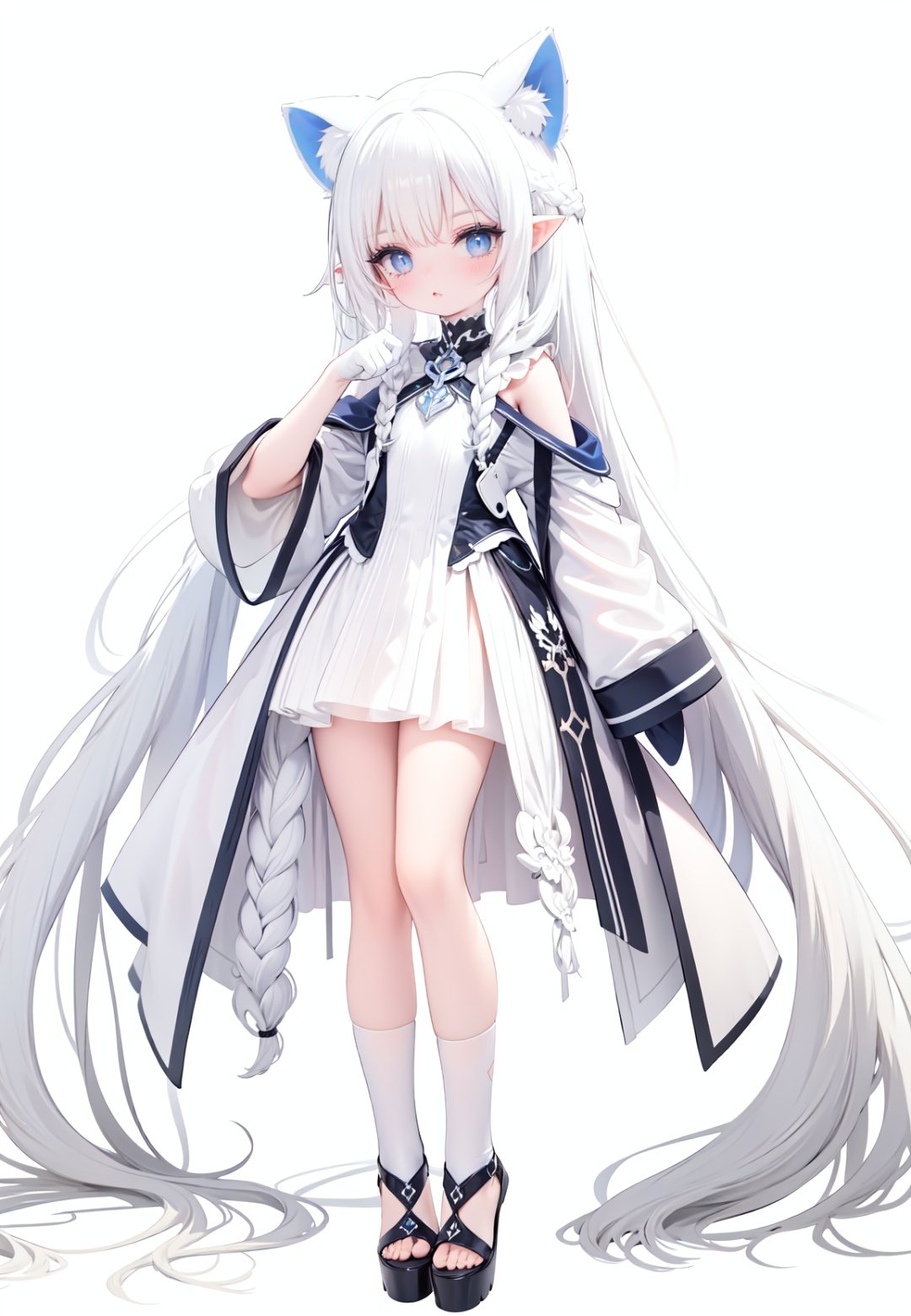  1girl, white_gloves, braid, full_body, gloves, long_hair, official_alternate_costume, pointy_ears, simple_background, solo, standing, very_long_hair, white_background, white hair, blue eyes, paw claw pose, open_mouth