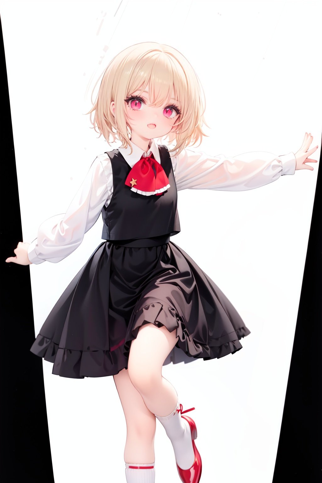  1girl, rumia, blonde hair, solo, white background, red eyes, red footwear, simple background, ascot, short hair, ribbon, open mouth, hair ribbon, smile, long sleeves, shirt, looking at viewer, red ascot, white socks, white shirt, red ribbon, shoes, socks, frills, bangs, outstretched arms, hair between eyes, skirt, :d, dress, vest, mary janes, black dress, black skirt, collared shirt, black vest, blush