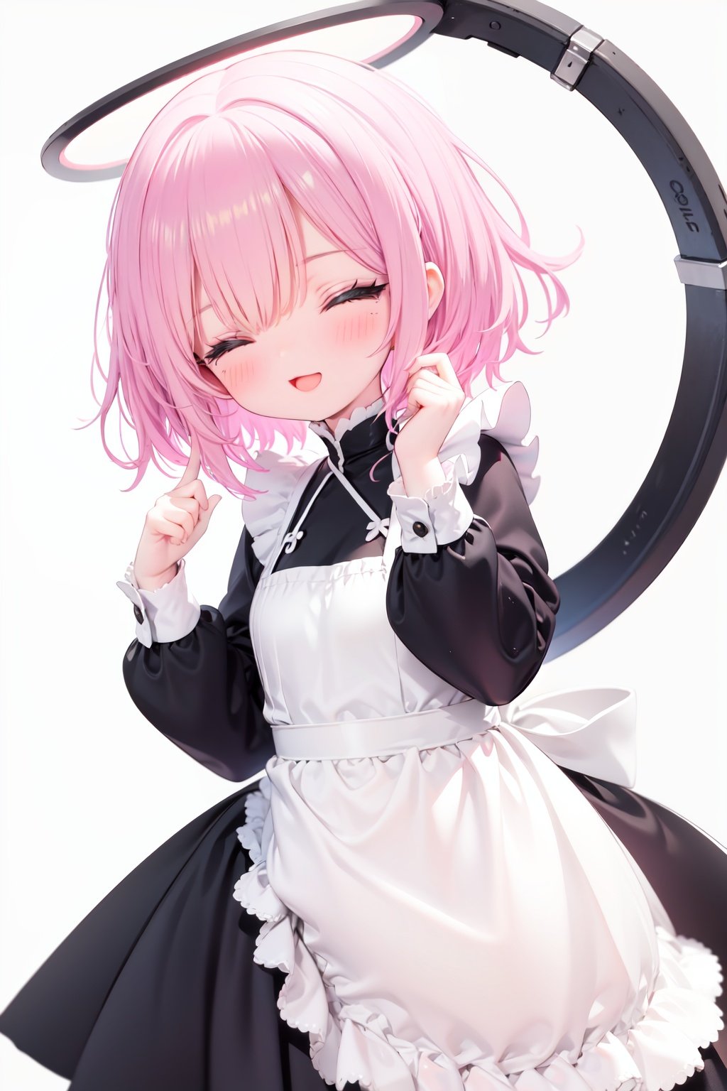  1girl, solo, apron, halo, hair over one eye, closed eyes, smile, white background, dress, white apron, simple background, long sleeves, multicolored hair, braid, open mouth, blue hair, alternate costume, blush, bangs, :d, pink hair, black dress, ribbon, frilled dress, enmaided, short hair, hand up, colored inner hair