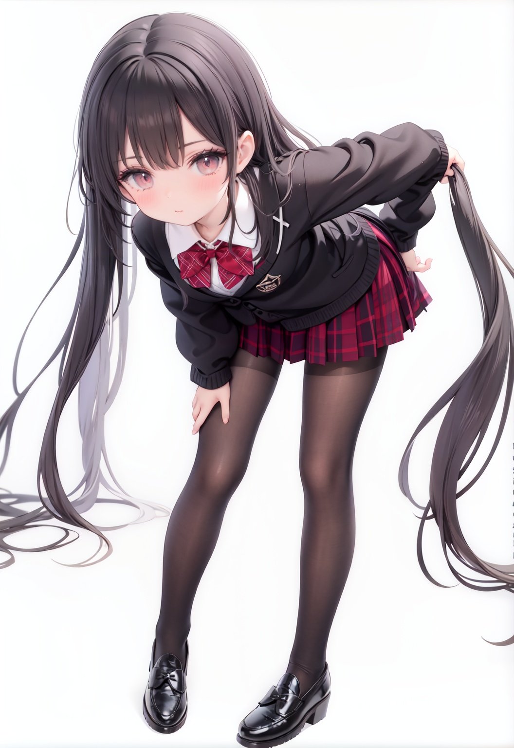  1girl, solo, pantyhose, skirt, long hair, loafers, shoes, simple background, school uniform, brown eyes, plaid, black pantyhose, plaid skirt, looking at viewer, black hair, pantyhose pull, full body, clothes pull, black footwear, pleated skirt, leaning forward, bangs, long sleeves, bent over, cardigan, bow, bowtie, standing, closed mouth, pulled by self, grey background, blush, miniskirt, red bow, sweater, undressing