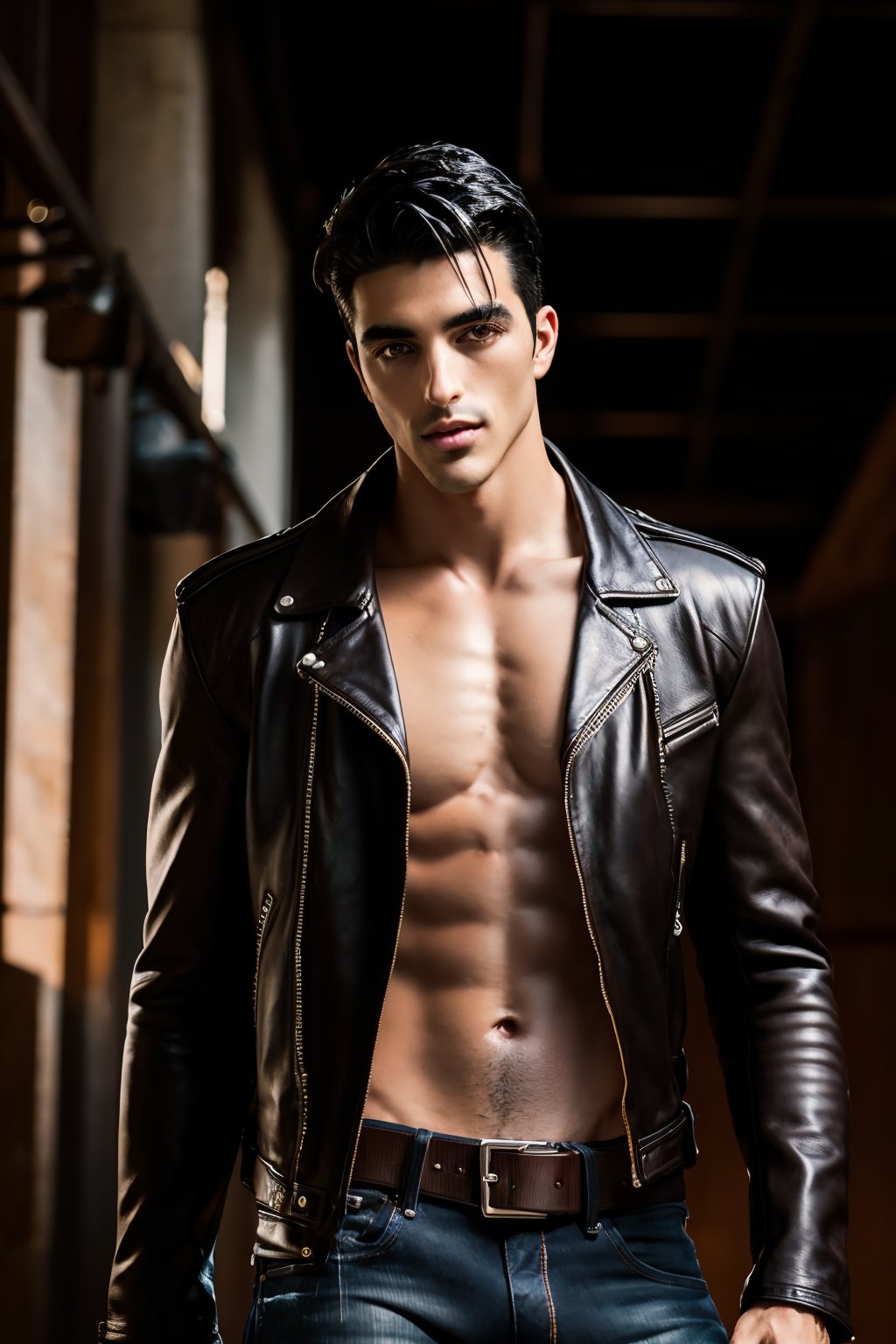 TaylorZP, black hair, dark brown eyes, RAW Photo, closeup face portrait photo of man, sexy atmosphere, TaylorZP wearing a black leather jacket, shirtless underneath and low rise dark jeans and a belt, realistic, masterpiece, intricate details, detailed background, depth of field, HIGHLY DETAILED, ,TaylorZP 