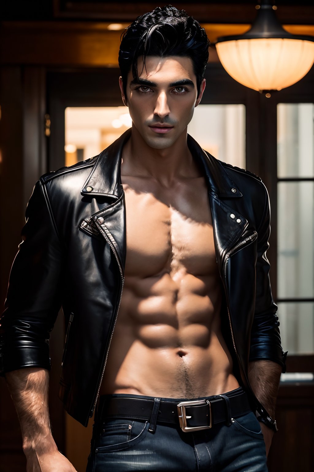 TaylorZP, black hair, dark brown eyes, RAW Photo, closeup face portrait photo of man, sexy atmosphere, TaylorZP wearing a black leather jacket, shirtless underneath and low rise dark jeans and a belt, realistic, masterpiece, intricate details, detailed background, depth of field, HIGHLY DETAILED, ,TaylorZP 