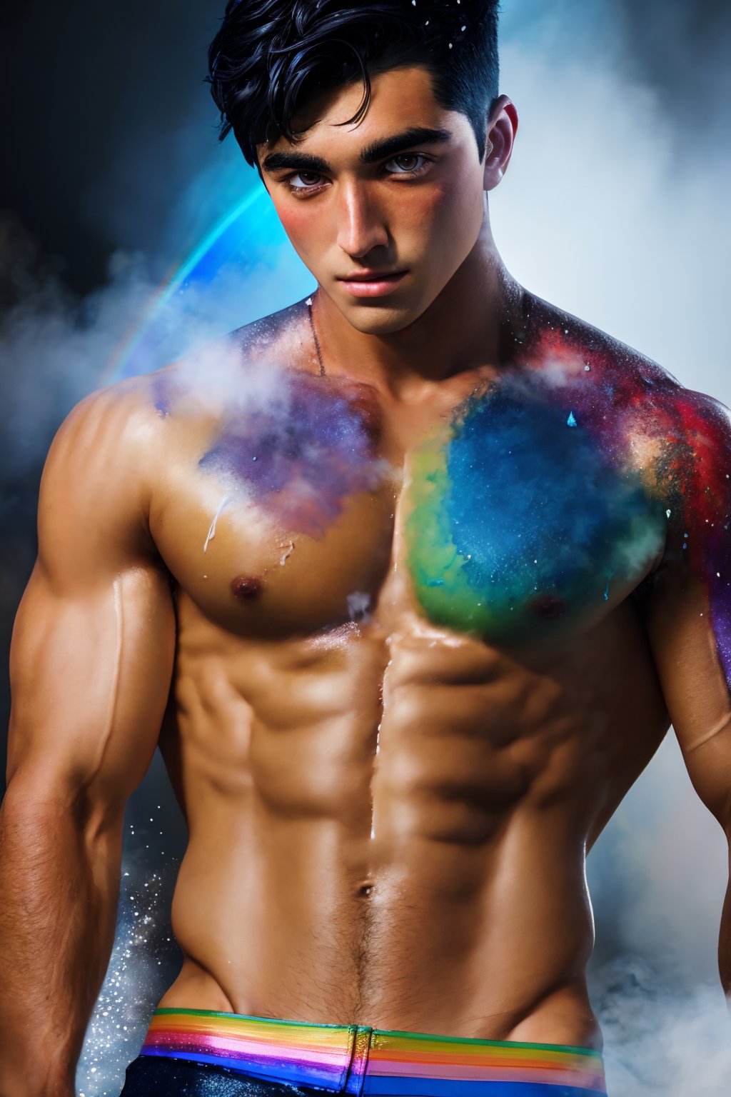 TaylorZP, black hair, dark brown eyes,
1boy, shirtless, in the style of (anime, norman rockwell:0.5), sad, eyes downcast, holding self, covered in rainbow paints and powder, rainbow smoke surround the entire scene, muscular, realistic, masterpiece, intricate details, detailed background, depth of field,TaylorZP 