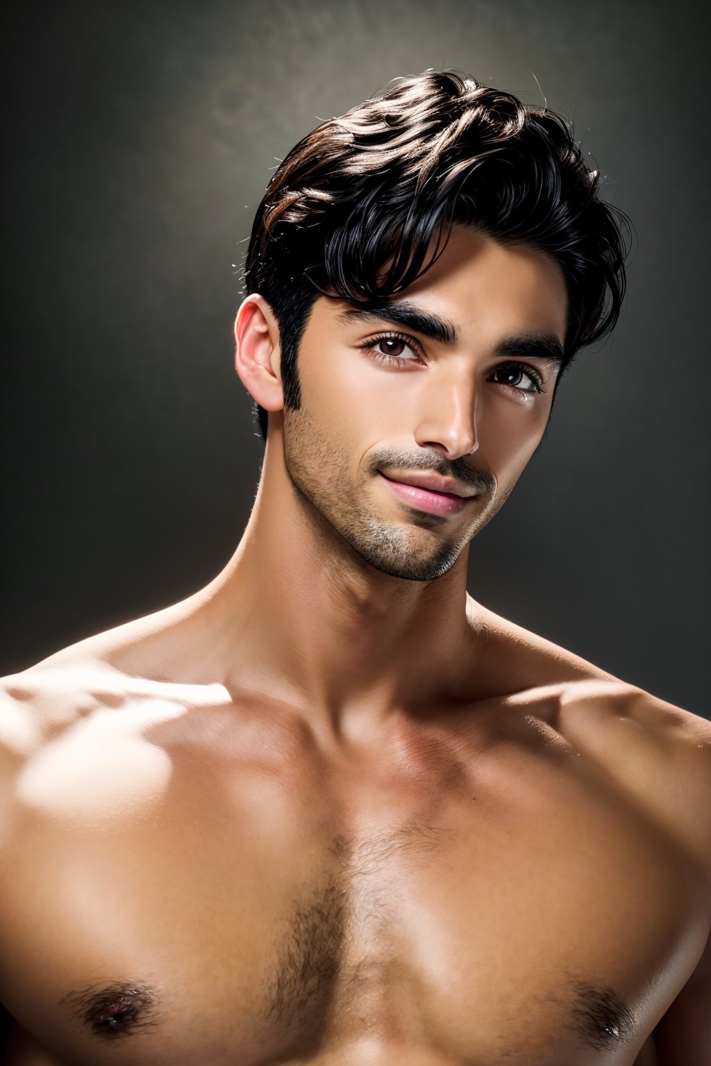 TaylorZP, black hair, dark brown eyes, facial hair, smile, 
(1boy), full body shot, Very detailed young handsome face, heroic, detailed realistic open eyes, detailed hands, glowing skin, depth of field, dynamic angles, intimate closeup face portrait, wearing a very low rise jeans, topless, tight framing on the face, soft, diffused lighting, dreamy feel, simple backdrop,TaylorZP 