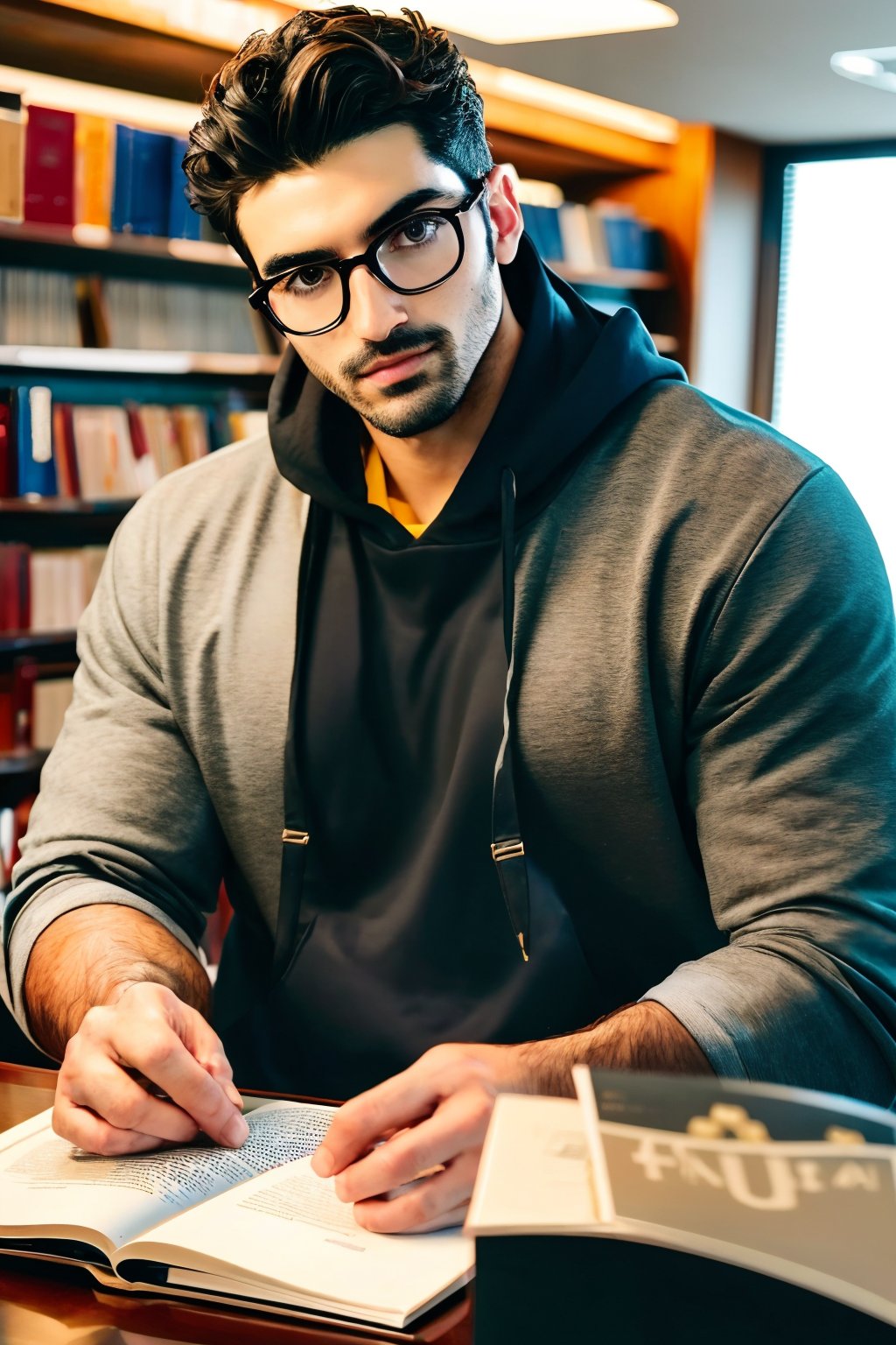 TaylorZP, black messy hair, dark brown hair, facial hair, wearing glasses, 
((masterpiece)), ((best quality:1.2)), High Resolution, 8k, (ultra_realistic:1.3), (photorealistic:1.4), (instagram model, handsome:1.2), sharp focus, a photo of ManuRios, wearing hoodie, reading book in a university library, indoors, professional lighting,  
realistic, masterpiece, intricate details, detailed background, depth of field, full body shot ,realhands,TaylorZP ,Realism