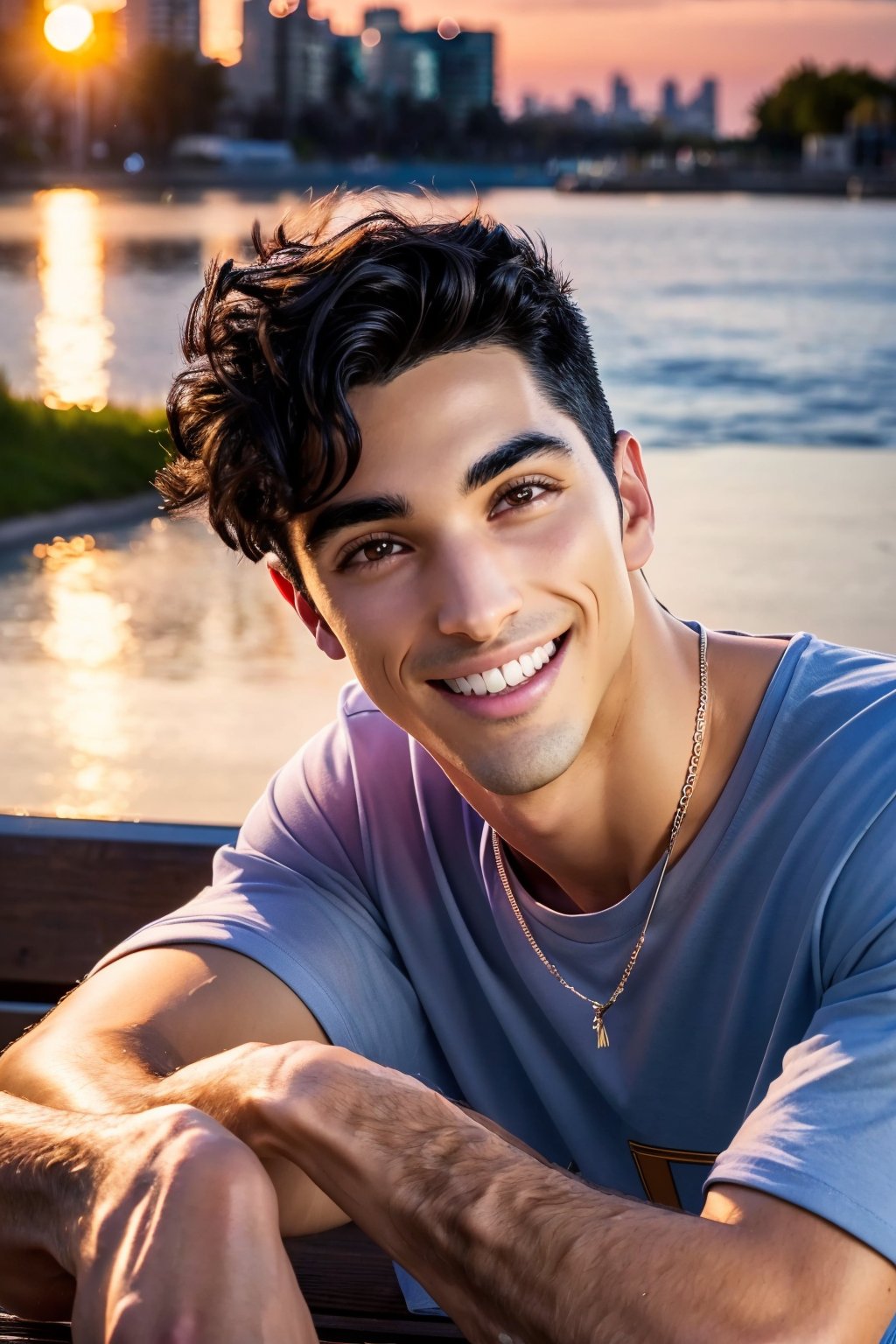 TaylorZP, black hair, dark brown eyes, bright smile, show teeth, RAW Photo, closeup face portrait photo of man, 1boy, sitting on a bench, casual clothes, baggy jeans, (graphic tshirt:1.2), simple necklace, sunset background, soft smile, a cute sweet man, Realism, realistic, masterpiece, intricate details, detailed background, depth of field,HIGHLY DETAILED, SHARP FOCUS 