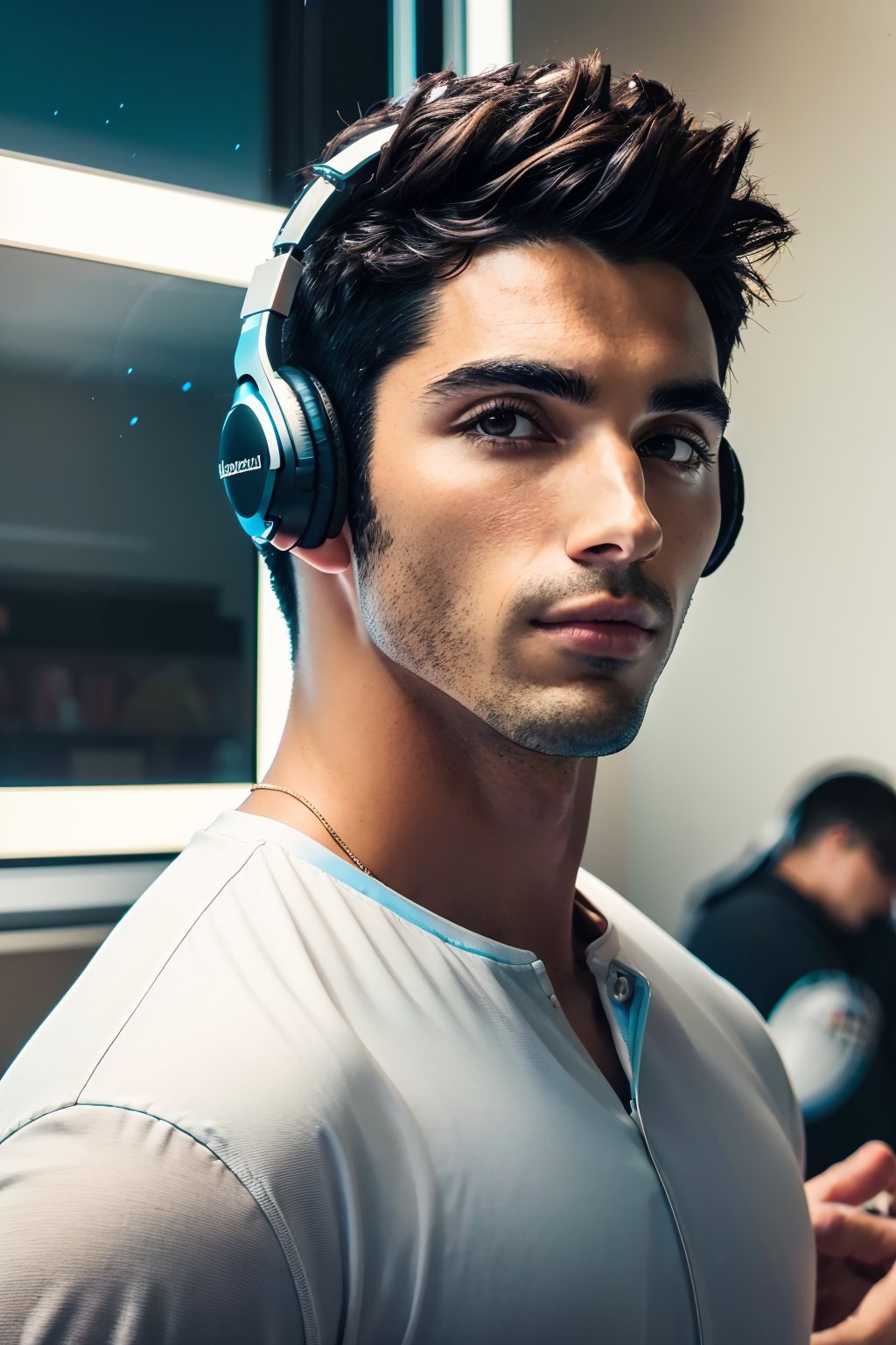 TaylorZP, black hair, dark brown eyes, A photograph of a handsome, athletic male  listening to music in his messy room, headphones, 4k ultra hd, smooth picture, noise-free realism, sigma 85mm f/1.4,Realism,photo of perfecteyes, 8k, realistic, masterpiece, intricate details, detailed background, depth of field,TaylorZP ,Film grain ,Epic