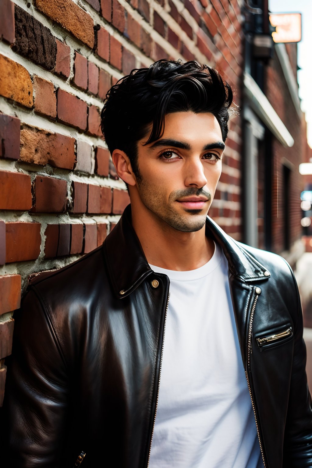 TaylorZP, black hair, dark brown eyes, facial hair,
photo of TaylorZP leaning against brick wall posing wearing a leather jacket and white shirt and jeans, hands in pocket, hand behind head, style of (Terry Richardson:Mark Henderson:Rick Day), realistic, masterpiece, intricate details, detailed background, depth of field, HIGHLY DETAILED, ,TaylorZP 