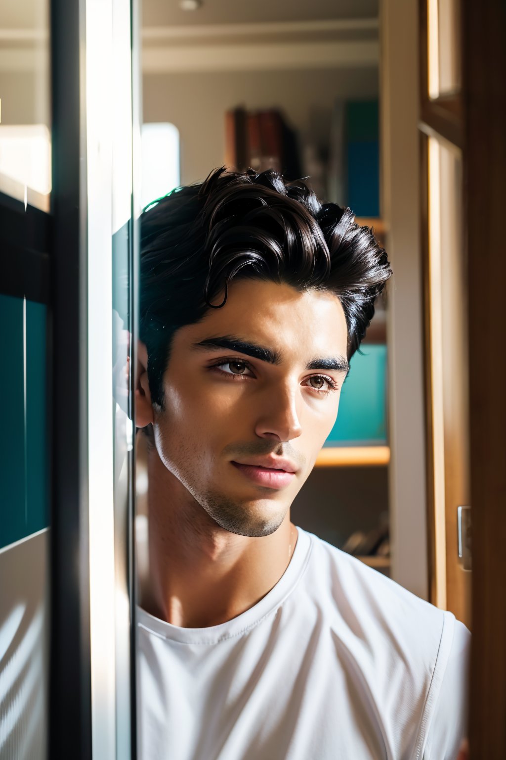 TaylorZP, black hair, dark brown eyes, A photograph of a handsome, athletic male  listening to music in his messy room, 4k ultra hd, smooth picture, noise-free realism, sigma 85mm f/1.4,Realism,photo of perfecteyes, 8k, realistic, masterpiece, intricate details, detailed background, depth of field,TaylorZP ,Film grain ,Epic