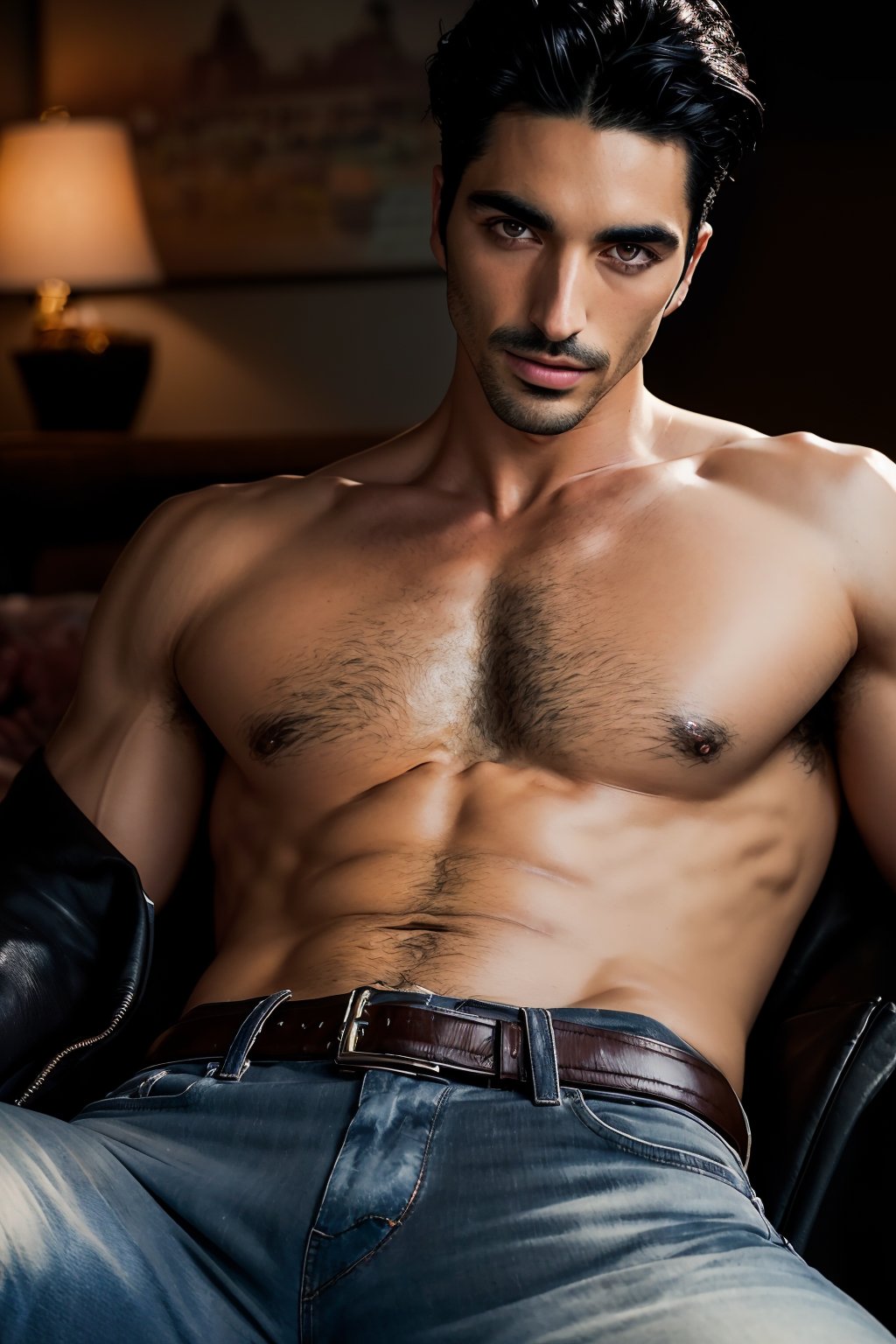 TaylorZP, black hair, dark brown eyes, facial hair, RAW Photo, closeup face portrait photo of man, sexy atmosphere, TaylorZP wearing a black leather jacket, shirtless underneath and low rise dark jeans and a belt, realistic, masterpiece, intricate details, detailed background, depth of field, HIGHLY DETAILED, ,TaylorZP 