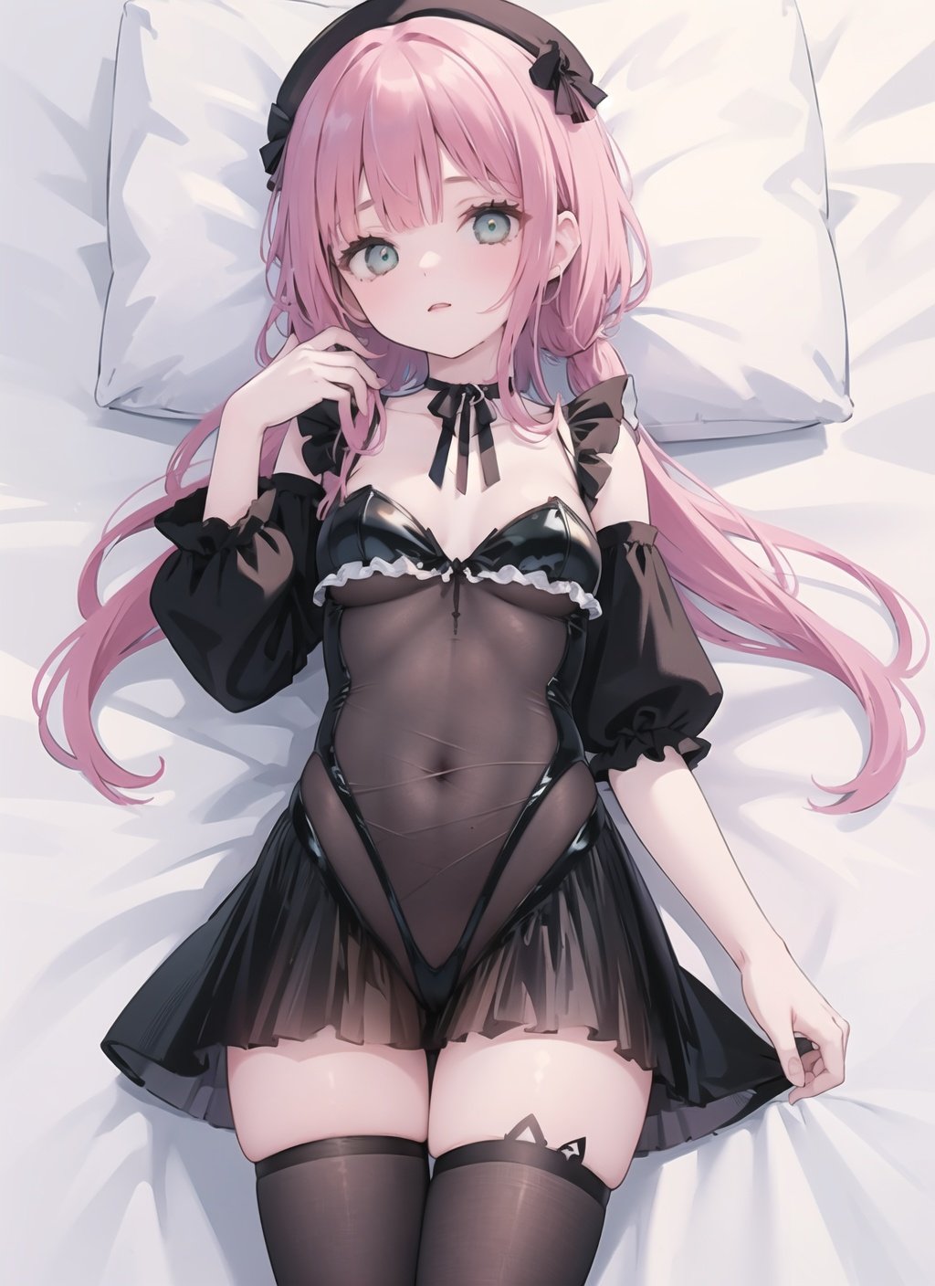  1girl,solo,red hair, long hair, beret, ,black nightgown, miniskirt, cowboy shot, small breasts, black thighhighs,lying, on back, dakimakura \(medium\),