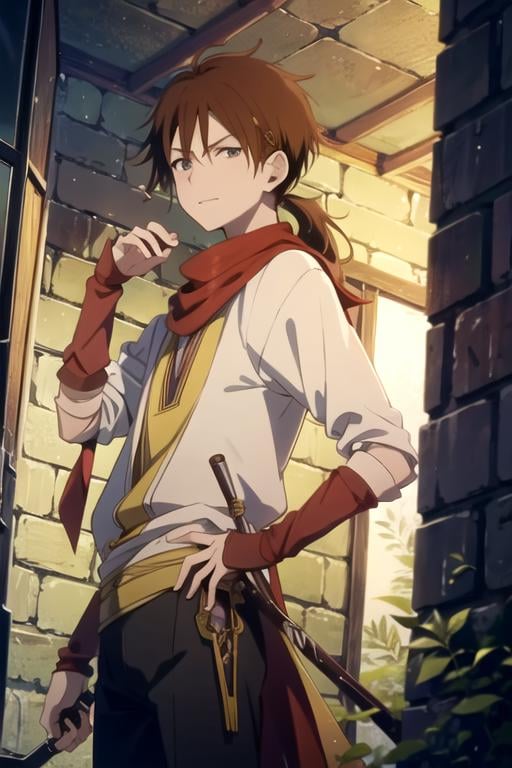 masterpiece, best quality, wallpaper, 1boy, solo, male focus, looking at viewer, , depth of field, ligne claire, , <lora:mihaya_akagami_no_shirayuki-hime:0.74>, mihaya_akagami_no_shirayuki-hime, brown hair, brown eyes, low ponytail, , science fiction dystopian, HD-DVD