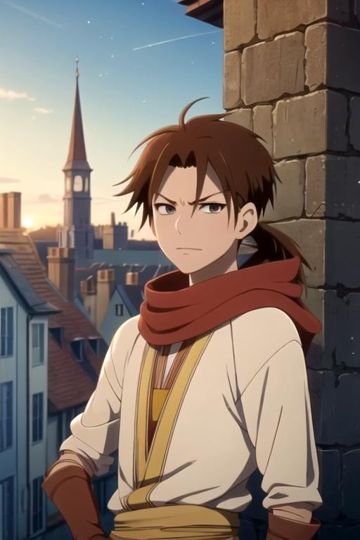 masterpiece, best quality, movie still, 1boy, solo, male focus, looking at viewer, upper body, depth of field, ligne claire, , <lora:mihaya_akagami_no_shirayuki-hime:0.74>, mihaya_akagami_no_shirayuki-hime, brown hair, brown eyes, low ponytail, , The Tower of Destiny,