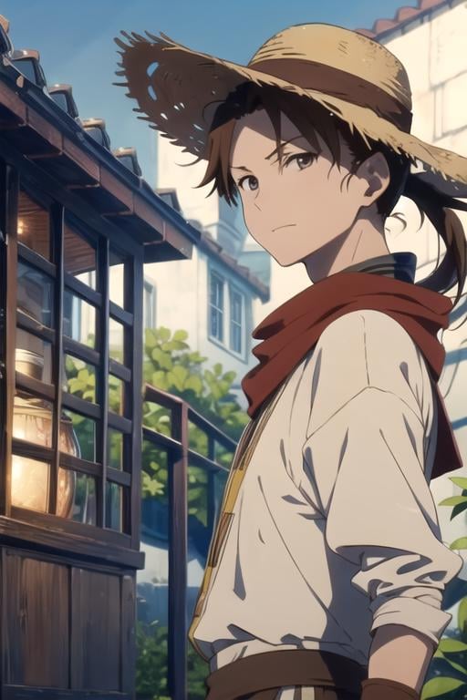 masterpiece, best quality, movie still, 1boy, solo, male focus, looking at viewer, upper body, , ligne claire, realistic, <lora:mihaya_akagami_no_shirayuki-hime:0.70>, mihaya_akagami_no_shirayuki-hime, brown hair, brown eyes, low ponytail, , straw hat, atompunk, Blu-ray