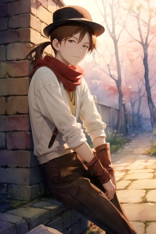 masterpiece, best quality, illustration, 1boy, solo, male focus, looking at viewer, , depth of field, (watercolor illustration, soft pastel colors:1.1), , <lora:mihaya_akagami_no_shirayuki-hime:0.72>, mihaya_akagami_no_shirayuki-hime, brown hair, brown eyes, low ponytail, , bowler hat, izakaya, High definition