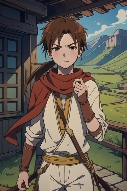 masterpiece, best quality, illustration, 1boy, solo, male focus, looking at viewer, , , , , <lora:mihaya_akagami_no_shirayuki-hime:0.72>, mihaya_akagami_no_shirayuki-hime, brown hair, brown eyes, low ponytail, fruits costume, The Valley of the Lost,