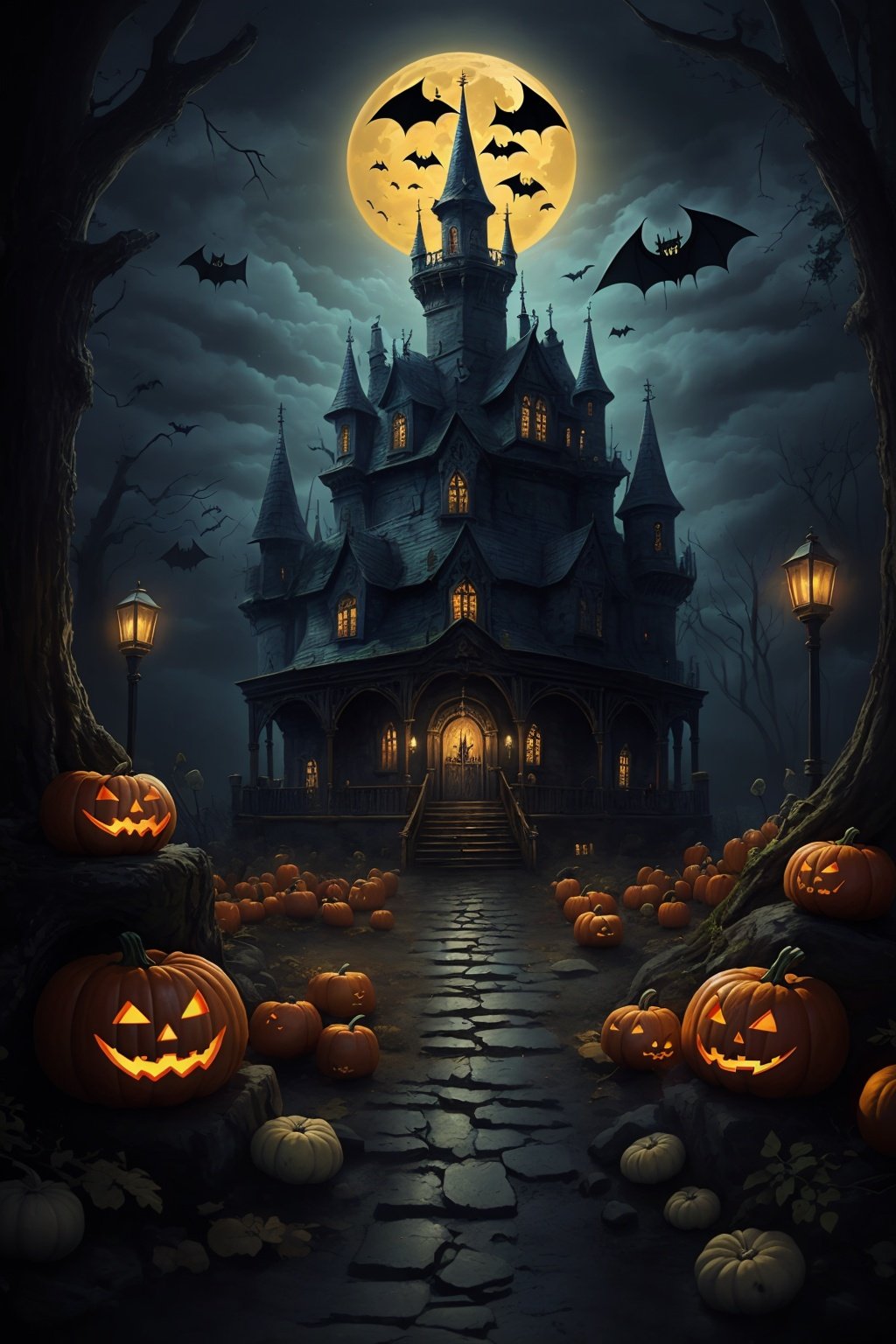  oil painting by Van gogh), fantasy art. BREAK, Best quality, 8k, cg,halloween,castle,(witches with a cat), Halloween, jack-o'-lantern, bat, pumpkin, the cat, old castle