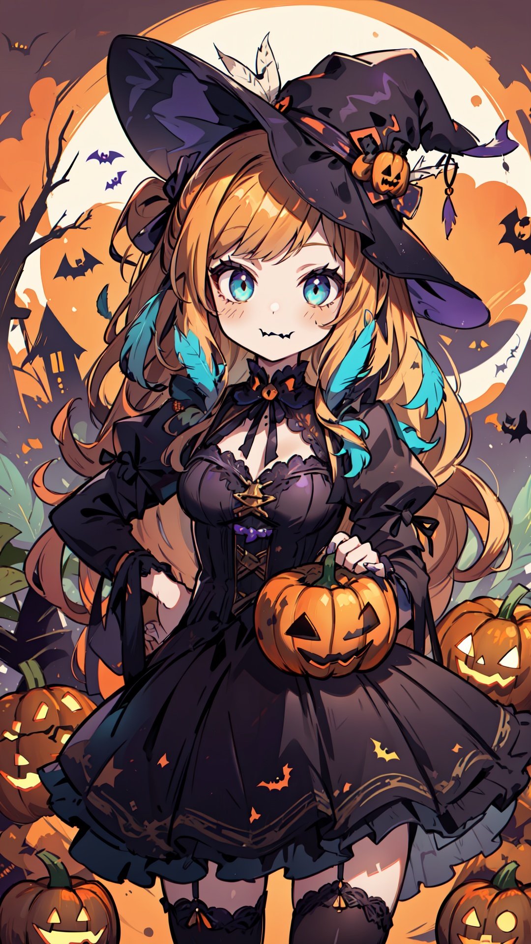  1girl, cowboy_shot, ((lots of galaxy+halloween color feathers):1.3), orange tone color, cute face, Hair pumpkin, decorative art, pumpkin