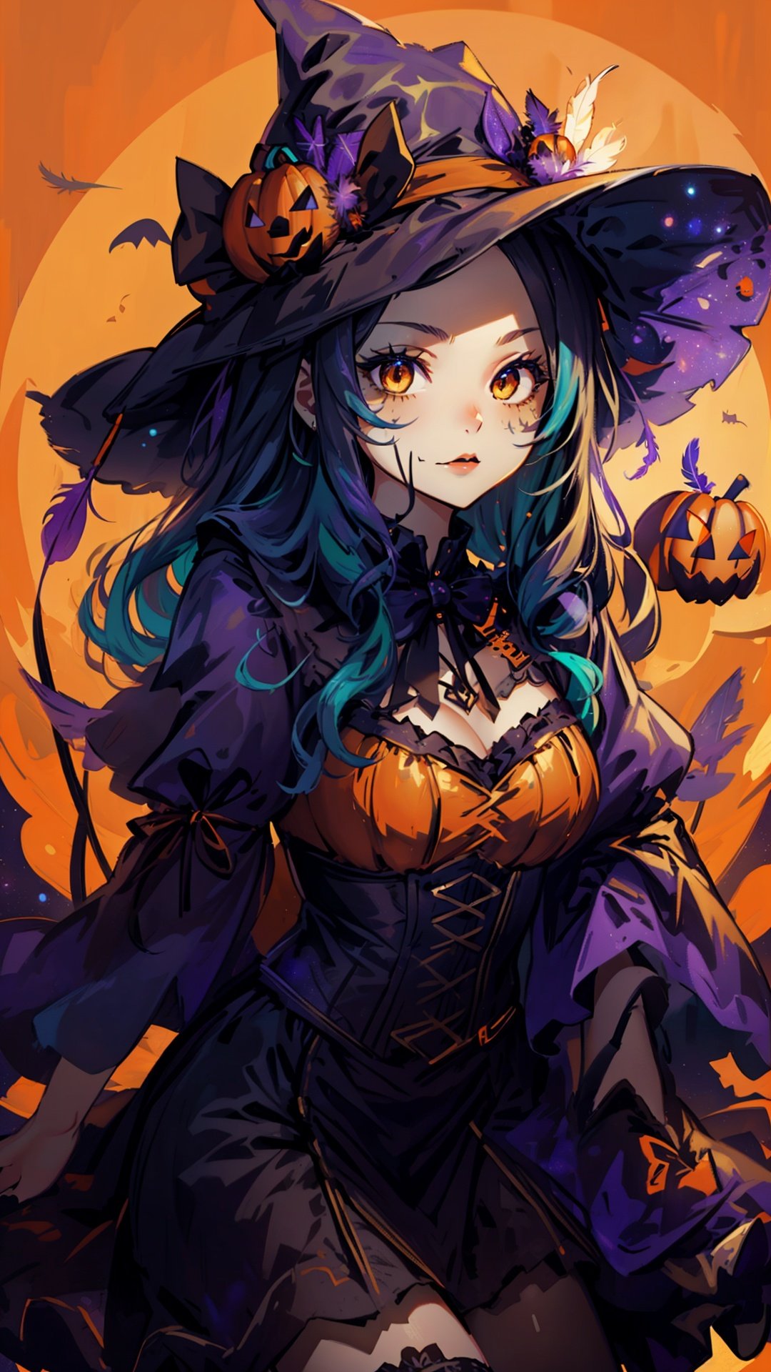  1girl, cowboy_shot, ((lots of galaxy+halloween color feathers):1.3), orange tone color, cute face, Hair pumpkin, decorative art, pumpkin