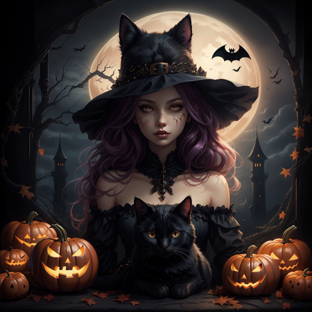  oil painting of a woman with a cat, detailed painting inspired by Charlie Bowater, Halloween, jack-o'-lantern, bat, pumpkin, the cat, old castle. Sky Fantasy, watercolor