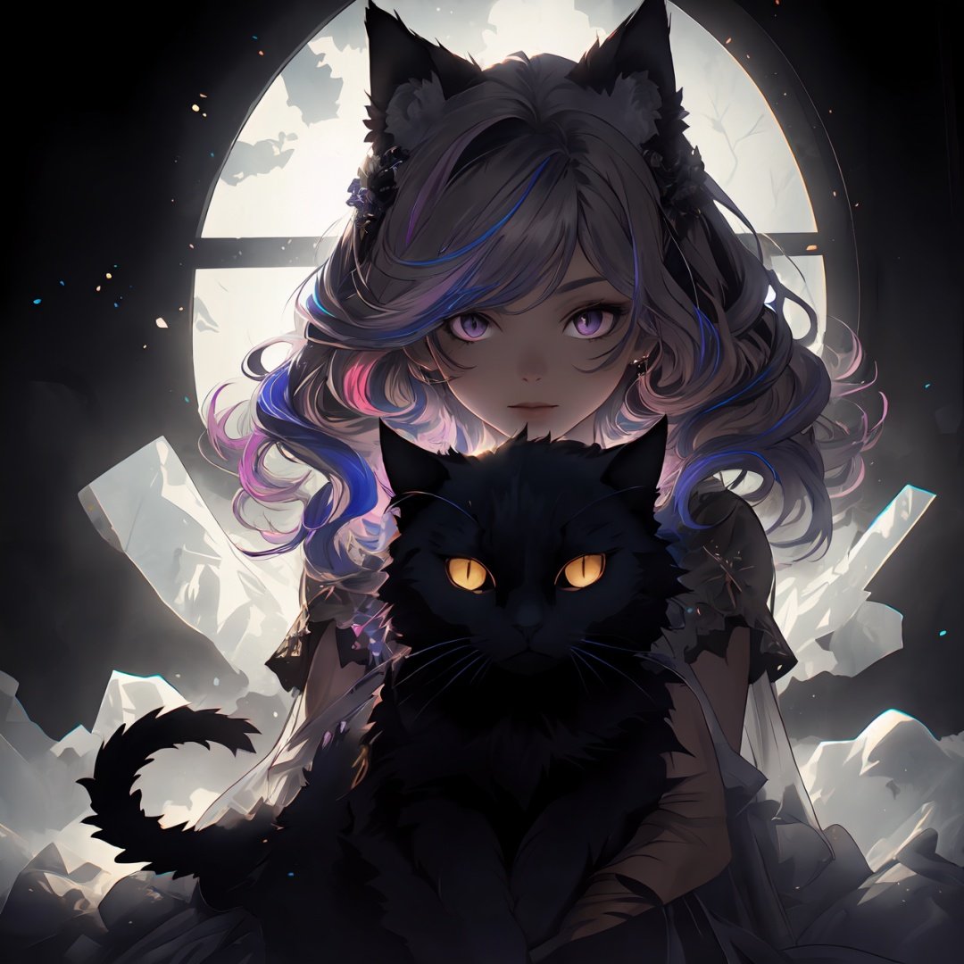  photorealistic of cute girl holding a (cat), Lolita, mane, multicolored hairlighting, glowing crystals, hyper detailed, detailed glow, ambient occlusion, ambient light,Beautiful dynamic dramatic dark moody lighting, volumetric, shadows, BREAK, 35mm photograph, grainy, professional, 8k, highly detailed, Hasselbald 50mm lens f/1.9, [by ethan for CGArt Mayfly model], Sky Fantasy, watercolor