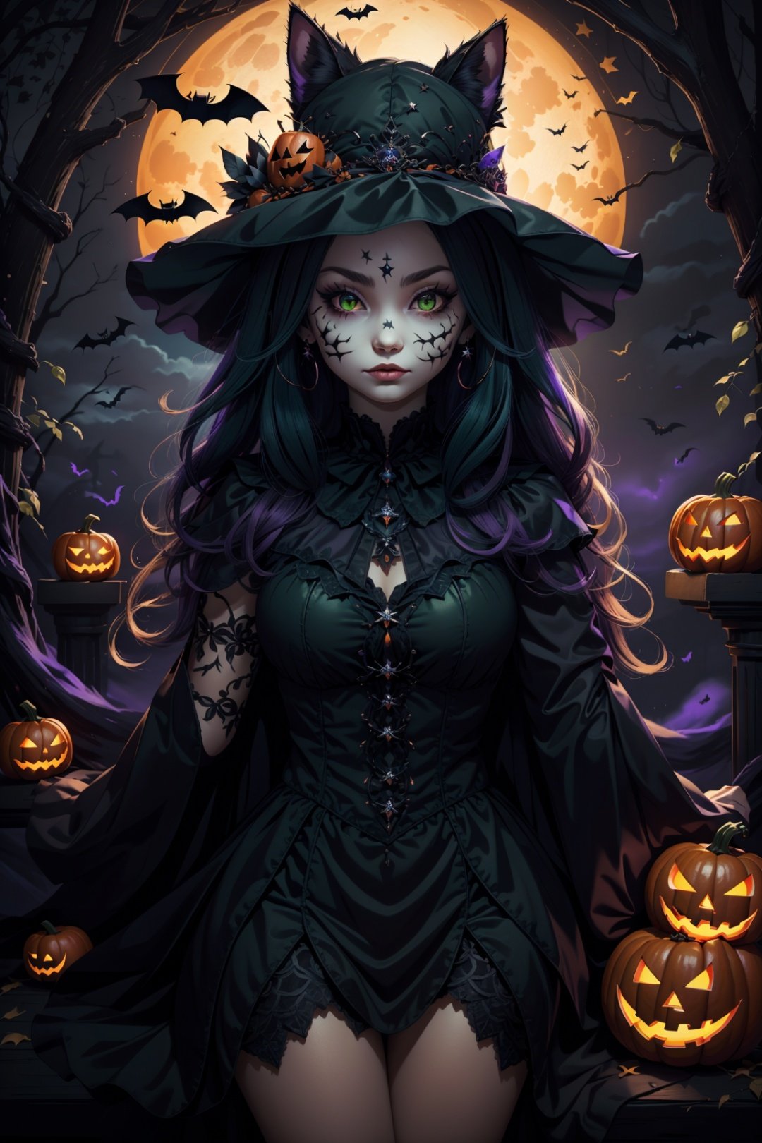  (((masterpiece))), ((extremely detailed CG unity 8k wallpaper)), best quality, high resolution illustration, Amazing, highres, intricate detail, (best illumination, best shadow, an extremely delicate and beautiful),

NYCuteHalloween, cat, black cat, no humans, halloween, jack-o'-lantern, happy halloween, bat (animal), wings, orange background, pumpkin, animal focus, looking at viewer, animal, green eyes, bat wings, star (symbol), :3, ghost, halloween style