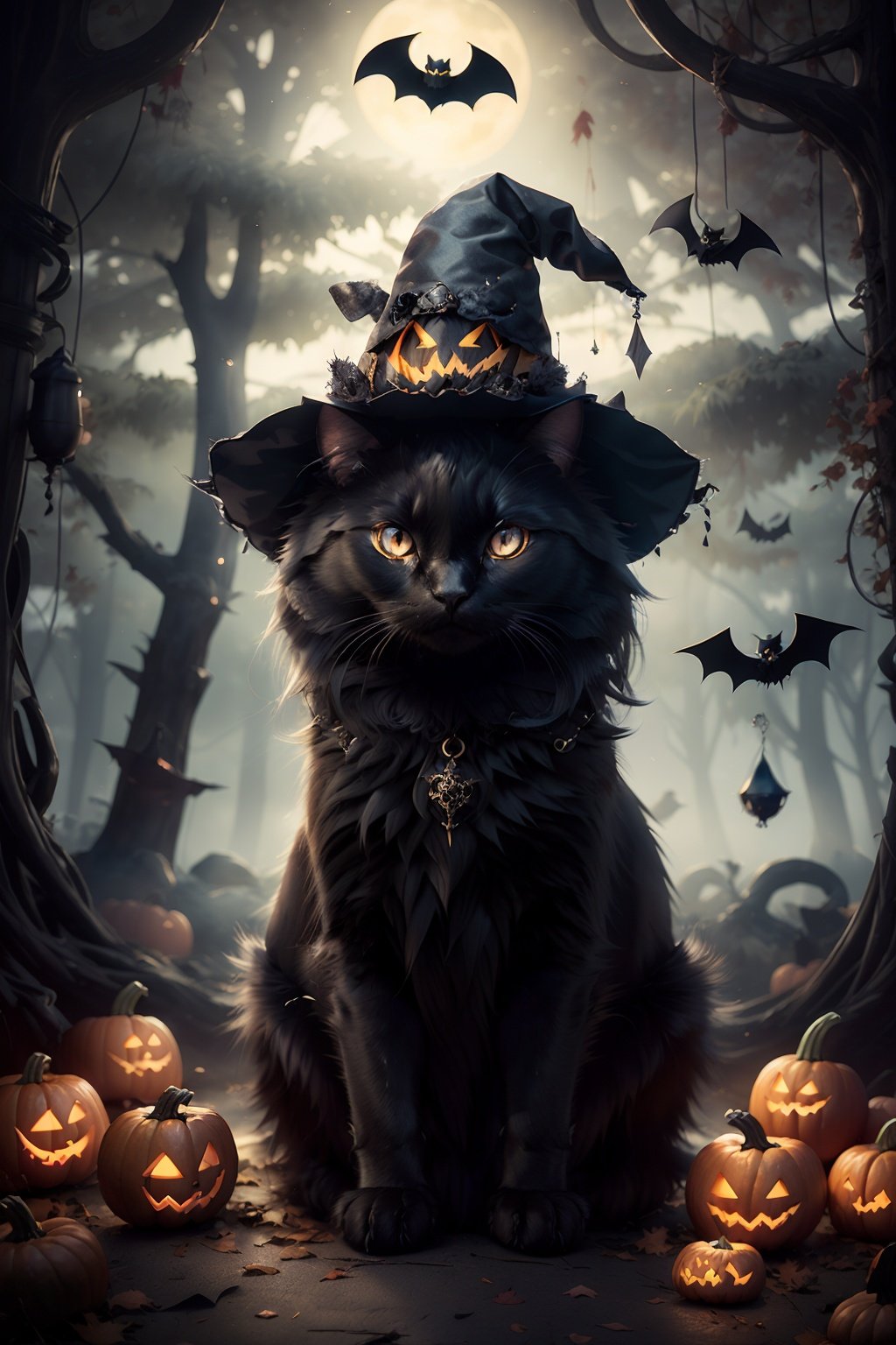  
Bizarre Halloween atmosphere, spooky, mysterious, fantasy, crow, bat, cute little ghost, 3D blender, glow, dark forest, cute little pumpkin, octane rendering, soft light, particle light effect, halloween style, Sky Fantasy, watercolor