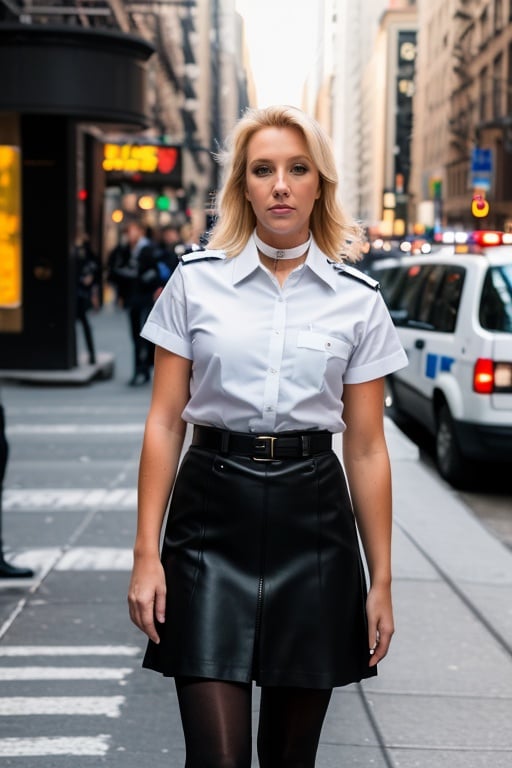 wo_samrone01, (upper body shot:1.2), blond female police officer uniform, skirt with pantyhose, in new york streets, tied hair, 8k, uhd, dslr, soft lighting, high quality, film grain, Fujifilm XT3 