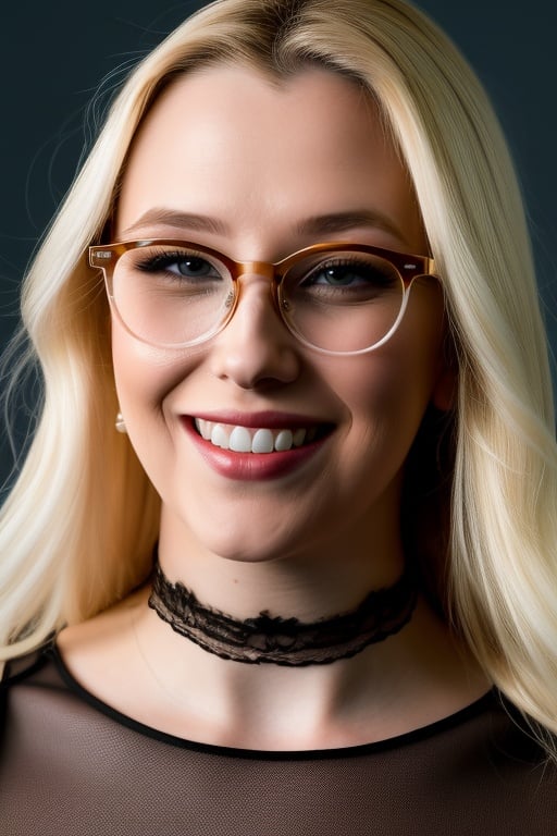 glasses, Sharp Focus, wo_samrone01, her expression is happy with a big smile, blonde hair, (close-up:0.8), low key lighting, shot on Lumix GH5, cinematic bokeh, lace choker, (simple background:1.2), teasing, detailed skin
