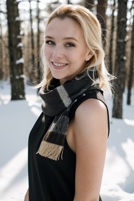 head and shoulder shot, a portrait of a beauty wo_samrone01, black sleeveless dress with a scarf, her hair is long and blonde, detailed skin, happy with a smile on her face, (high detailed:1.2), at the woods in the snow, 8k, uhd, dslr, soft lighting, high quality, film grain, Fujifilm XT3