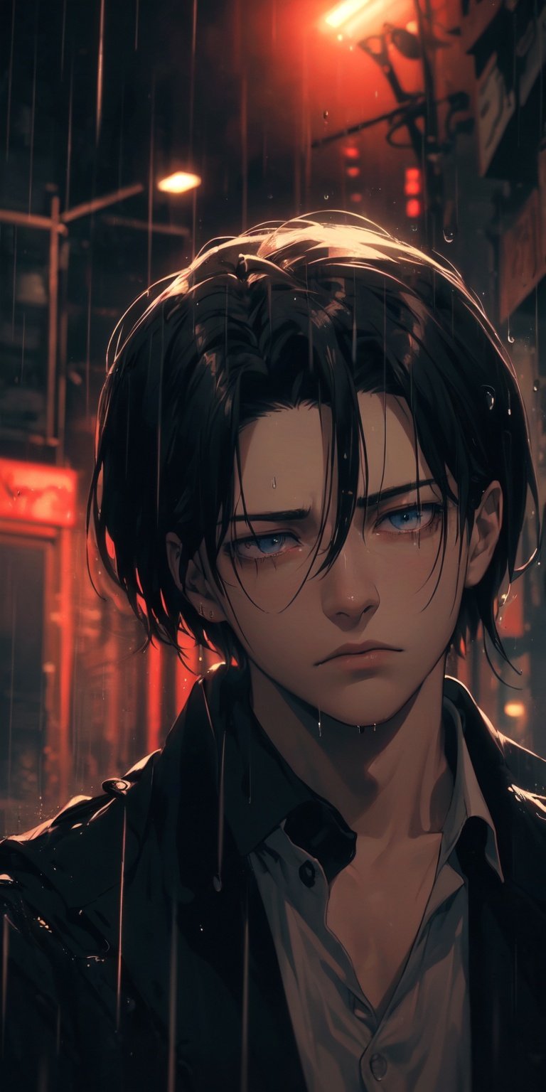 (neon lights, red light), night, rain, wet hair, ((rain drops on his face)), (looking to the sky), melancholic, extremely detailed, perfect composition, masterpiece 8k wallpapper,1male, Levi Ackerman, black hair 