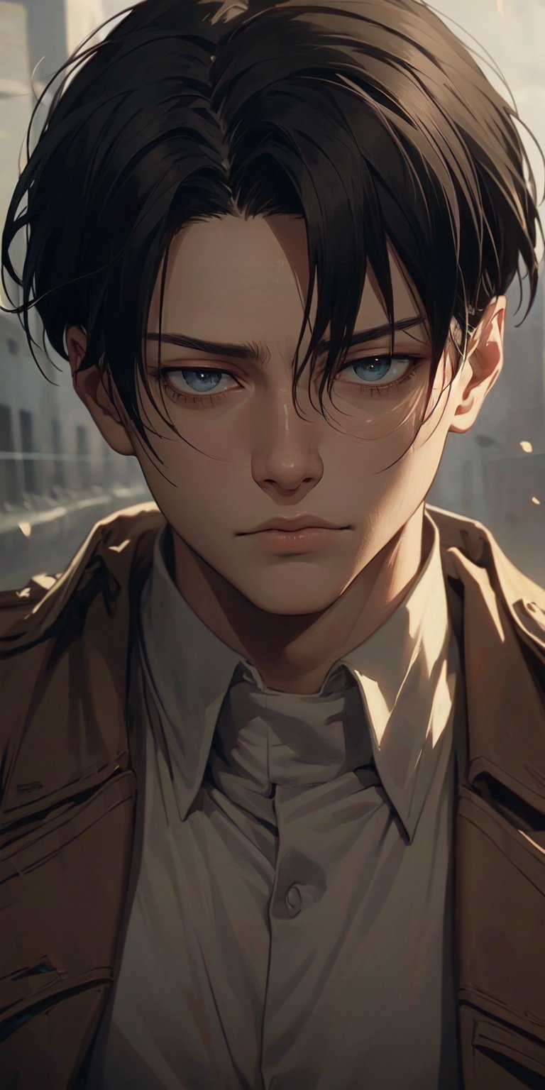 ((face, portrait)),Melancholic, extremely detailed, perfect composition, masterpiece 8k wallpapper,1male, Levi Ackerman, black hair, brown attack on titan uniform 