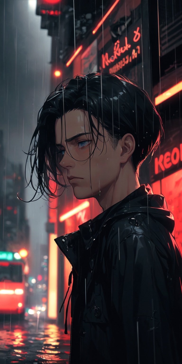 (neon lights, red light), night, rain, wet hair, ((rain drops on his face)), (looking to the sky), melancholic, extremely detailed, perfect composition, masterpiece 8k wallpapper,1male, Levi Ackerman, black hair 