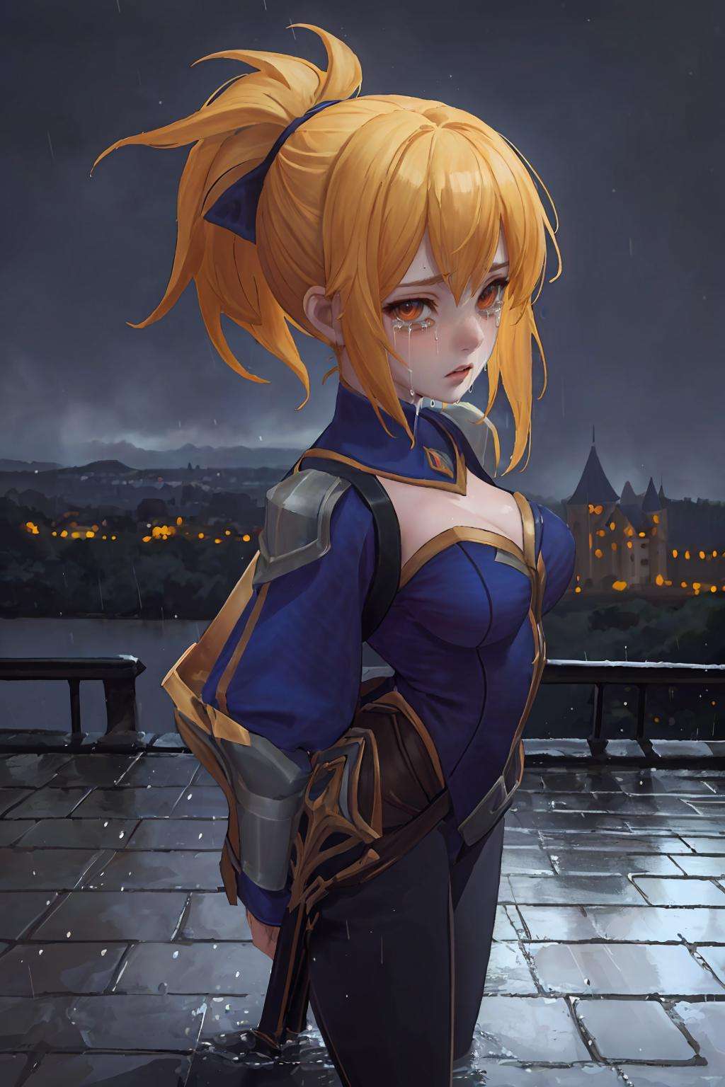 (hyperrealism:1.4), masterpiece, best quality, extremely-detailed, (((centered, full shot from front))), portrait, looking-at-viewer, full body portrait, (pale skin), ((castle background)), detailed background, (((midnight))), rain, <lora:Fanny-Blade_Dancer-08:0.8>, fanny_bd, ponytail, sad, crying, thunder light,