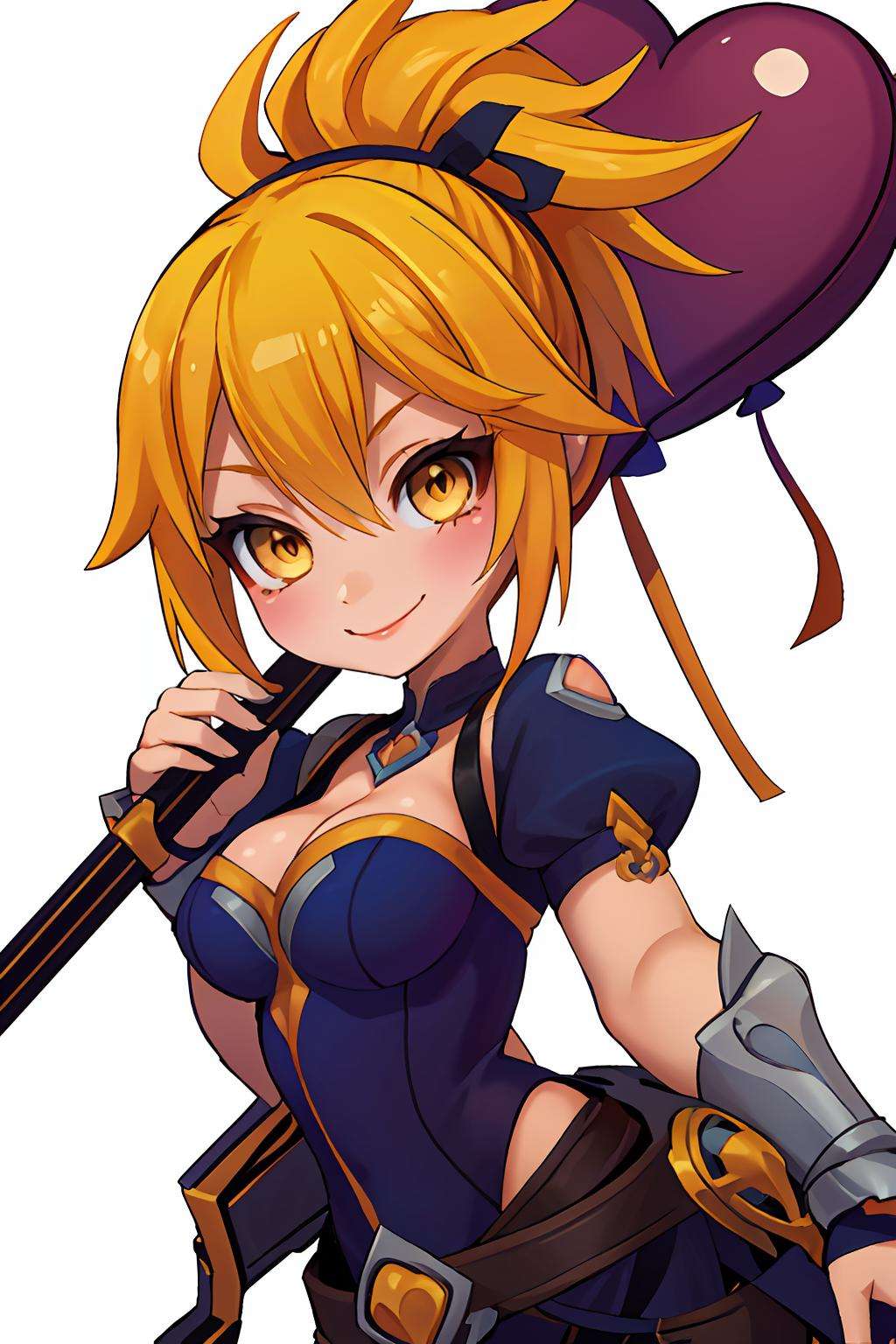 1girl, female focus, solo, (twitch emote:1), chibi, Holding a red heart balloon, cartoon, white background, sticker, <lora:twitch_emotes_v1.3:0.9>, <lora:Fanny-Blade_Dancer-08:0.8>, fanny_bd, ponytail, yellow eyes, smile, front,