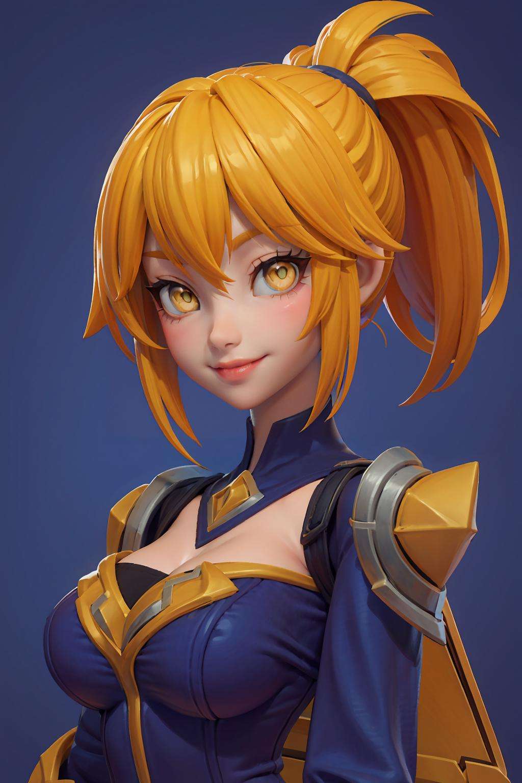 1girl, solo, looking at viewer, blue background, simple background,lips, closed mouth, bangs, nose, <lora:3DMM_V12:1>, <lora:Fanny-Blade_Dancer-08:0.8>, fanny_bd, ponytail, yellow eyes, smile, front,