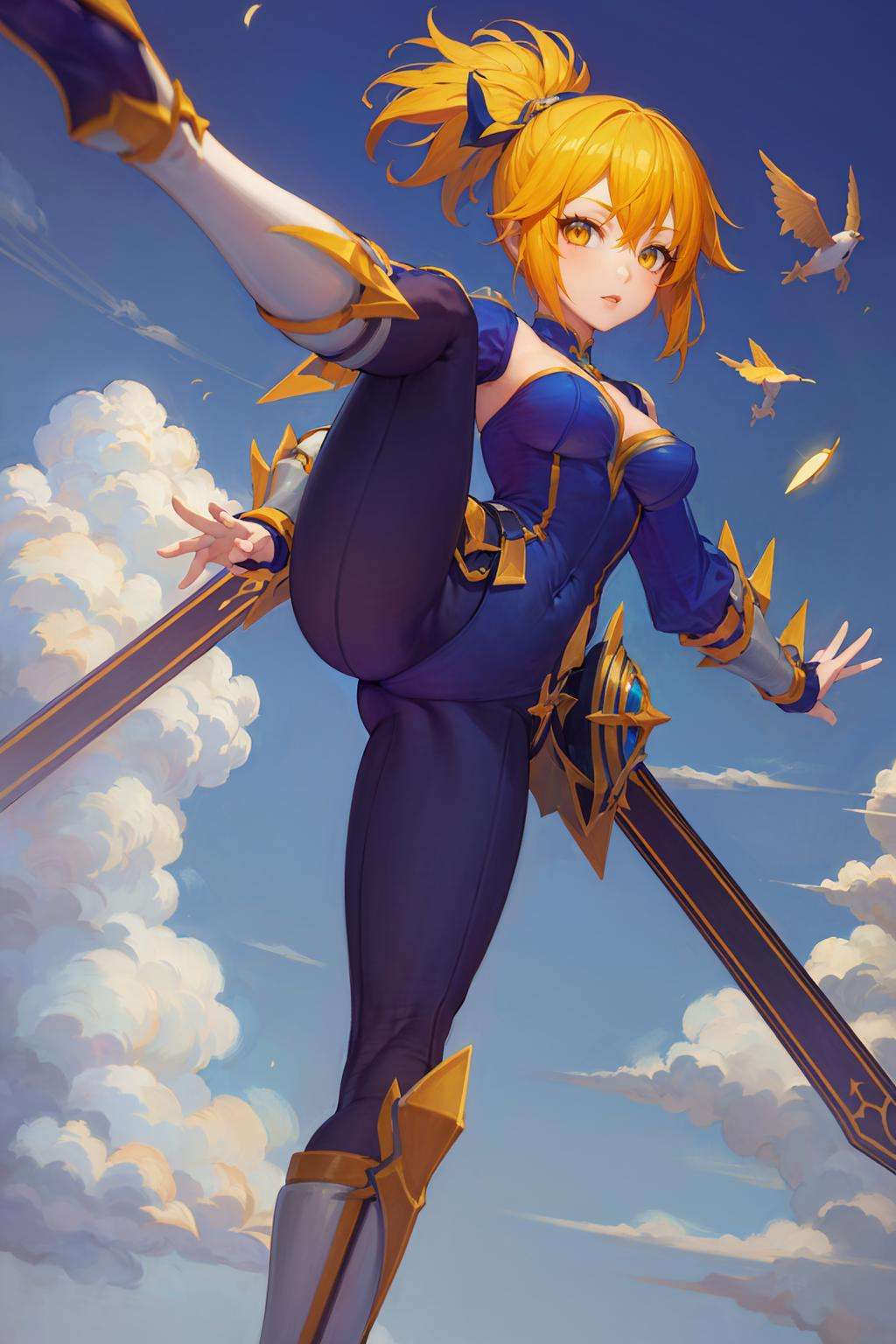 masterpiece, best quality, ultra high res, 1girl, cute, ((puffy eyes)), looking at viewer, full body, facing front, detailed face, detailed eyes,  <lora:Fanny-Blade_Dancer-08:0.8>, fanny_bd, ponytail, yellow eyes, (flying kick:1.5), 