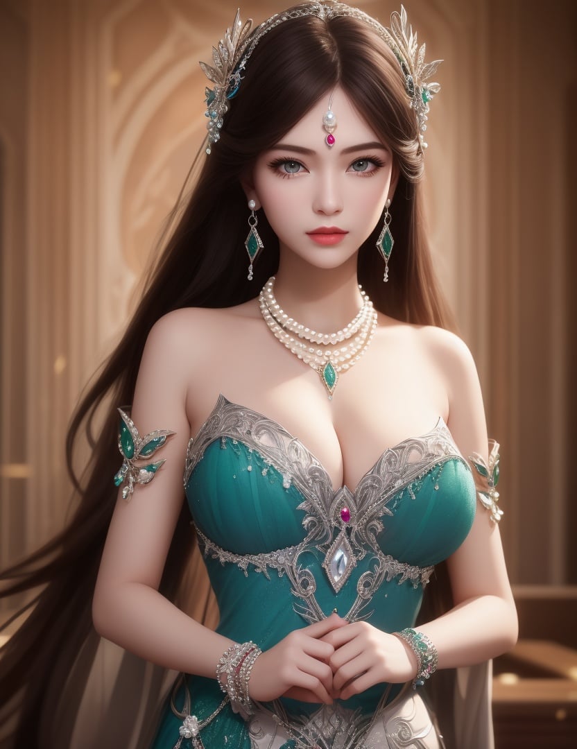 ultra realistic 8k cg, picture-perfect face, flawless, clean, masterpiece, professional artwork, famous artwork, cinematic lighting, cinematic bloom, perfect face, beautiful face, beautiful eyes, fantasy, dreamlike, unreal, science fiction, huge breasts, beautiful clothes, absurdly long hair, very long hair, (rich:1.4), prestige, luxury, jewelry, diamond, gold, pearl, gem, sapphire, ruby, emerald, intricate detail, delicate pattern, charming, alluring, seductive, erotic, enchanting, hair ornament, necklace, earrings, bracelet, armlet,((1girl, ))    <lora:DA_宁荣荣神装NingRongrongGodClothes:0.6>