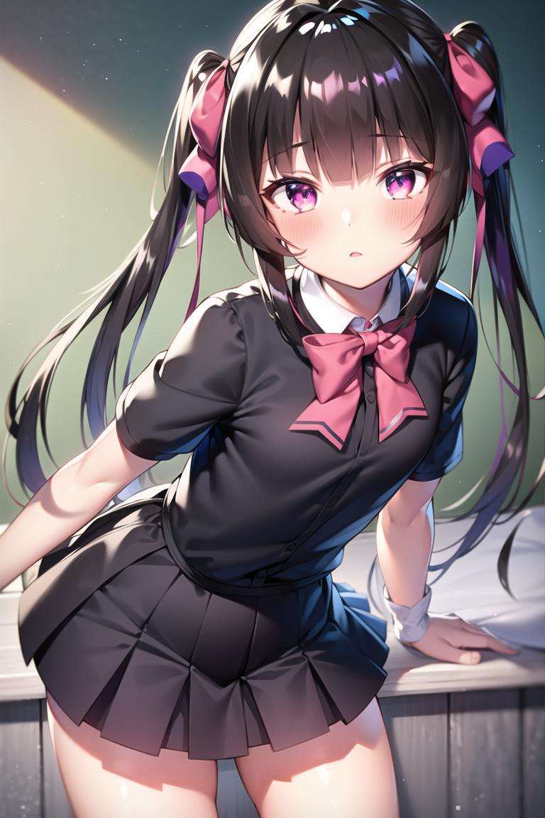 1girl,black hair, twintails,long hair, pink eyes,hair ribbon, small breasts,bangs, sidelocks, blunt bangs,blunt sidelocks, purple eyes, school uniform, frilled skirt, 