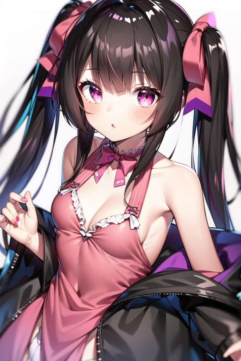 1girl,black hair, twintails,long hair, pink eyes,hair ribbon, small breasts,bangs, sidelocks, purple eyes, 