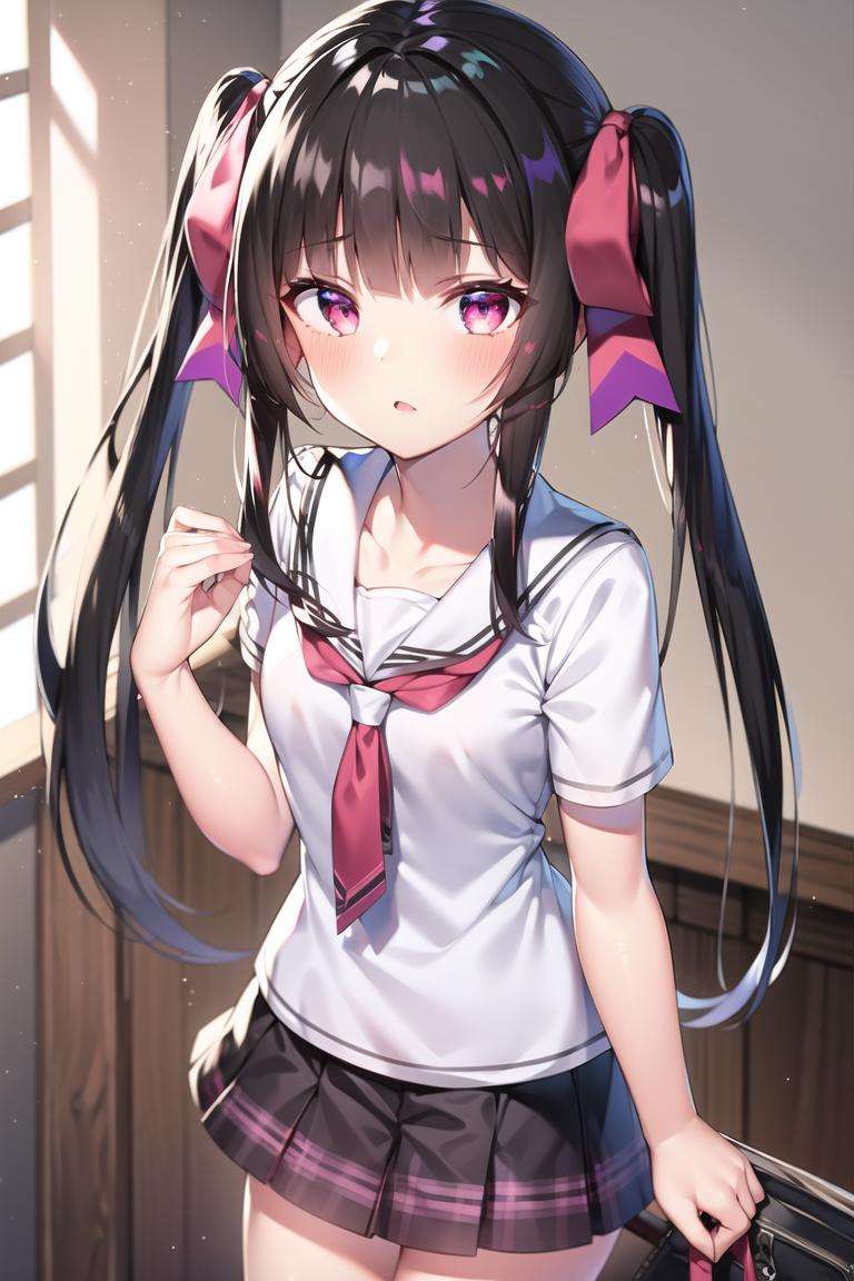 1girl,black hair, twintails,long hair, pink eyes,hair ribbon, small breasts,bangs, sidelocks, blunt bangs,blunt sidelocks, purple eyes, school uniform, frilled skirt, 