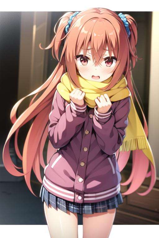 1girl,orange hair, red hair, red eyes, pink eyes, long hair, hair between eyes, scrunchie, very long hair,blue scrunchie, hair scrunchie, one side up, pink jacket, scarf, 