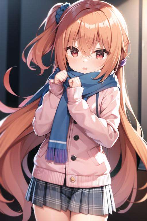 1girl,orange hair, red hair, red eyes, pink eyes, long hair, hair between eyes, scrunchie, very long hair,blue scrunchie, hair scrunchie, one side up, pink jacket, scarf, multicolored jacket, 