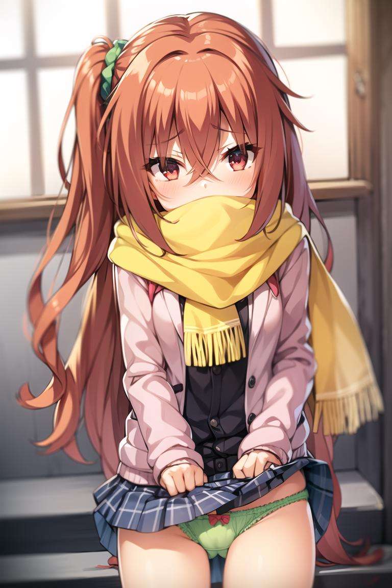 1girl,orange hair, red hair, red eyes, pink eyes, long hair, hair between eyes, scrunchie, very long hair,blue scrunchie, hair scrunchie, one side up, green panties, skirt,yellow scarf, scarf over mouth, skirt lift, 