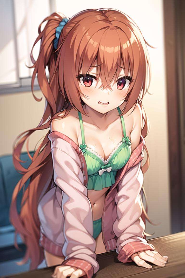 1girl,orange hair, red hair, red eyes, pink eyes, long hair, hair between eyes, scrunchie, very long hair,blue scrunchie, hair scrunchie, one side up, green bra, 